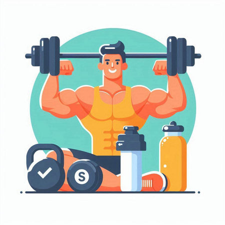 Fitness man with dumbbells, bottle of water and sport equipment. Flat style vector illustration.のイラスト素材