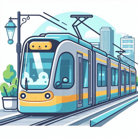 Modern electric train in the city. Vector illustration in flat style.のイラスト素材