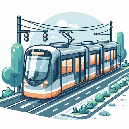 Vector illustration of a modern electric train on the street. Urban transport.のイラスト素材