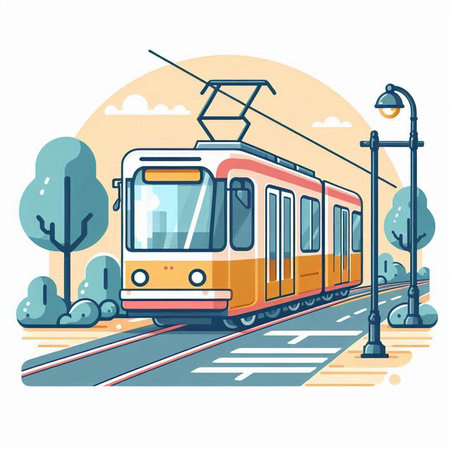 Modern tram in the city. Vector illustration in flat cartoon style.のイラスト素材