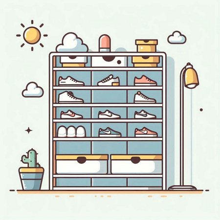 Vector illustration of a set of different shoes on shelves in flat styleのイラスト素材
