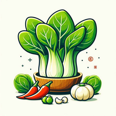 Bok choy vector illustration. Vegetables and spices in a bowl.のイラスト素材