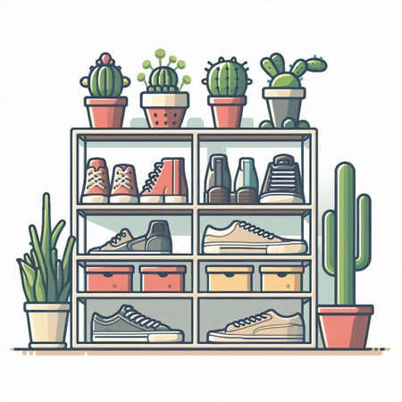 Shelves with cacti and shoes. Vector illustration.のイラスト素材