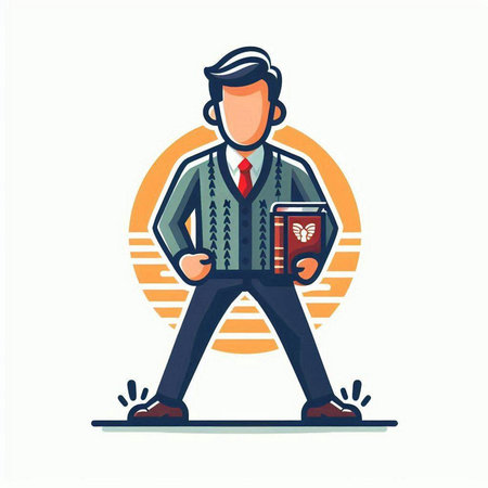 Vector illustration of a businessman in a suit holding a book in his hands.のイラスト素材