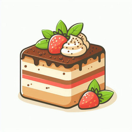 Piece of cake with whipped cream and strawberries. Vector illustration.のイラスト素材