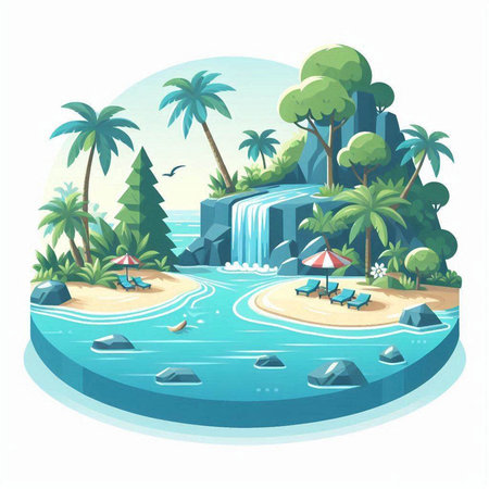 Tropical island with waterfall and palm trees. Vector illustration.のイラスト素材