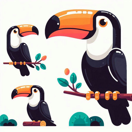Set of cartoon toucan birds. Vector illustration in flat style.のイラスト素材