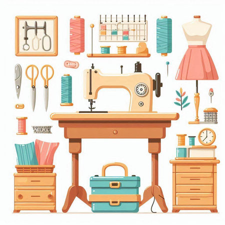 Sewing tools and accessories. Sewing machine, scissors, thread, pins, pins, tape measure, fabric, sewing machine. Vector illustrationのイラスト素材