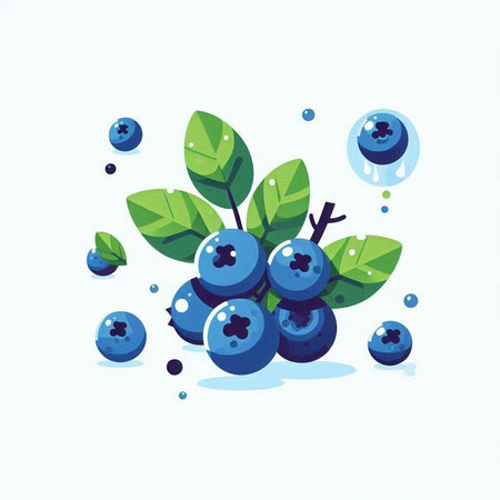 Blueberry with green leaves on white background. Vector flat illustration.のイラスト素材