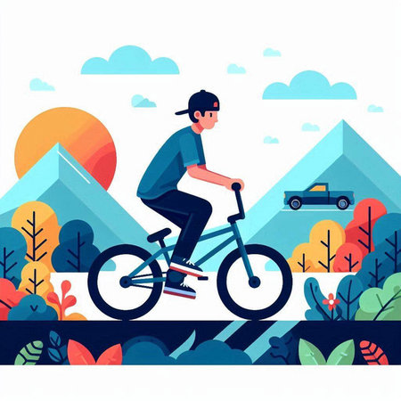 Cyclist riding bicycle in the park. Vector illustration in flat styleのイラスト素材