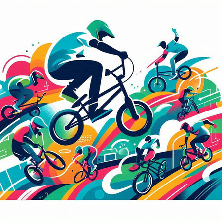 Bicyclist silhouettes on abstract colorful background, vector illustrationのイラスト素材