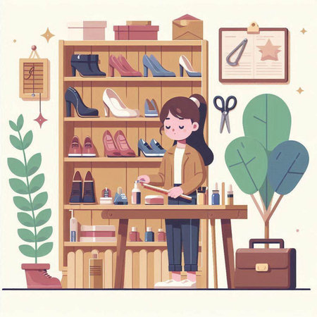 Woman choosing shoes in shoe store. Vector illustration in flat style.のイラスト素材