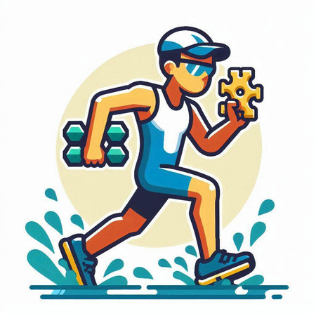 Running man jogging with jigsaw puzzle. Vector illustration in cartoon style.のイラスト素材