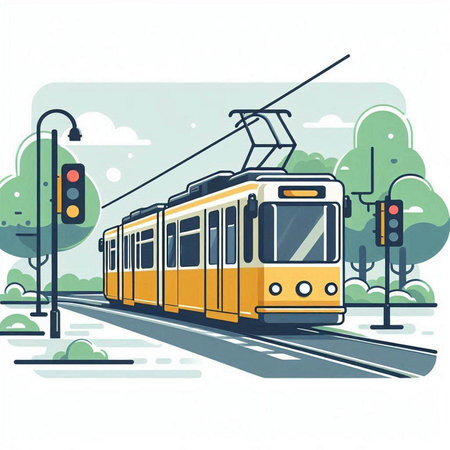 Modern tram on the city street. Vector illustration in flat style.のイラスト素材