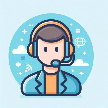 Vector illustration of a customer support agent in headset. Flat design style.のイラスト素材