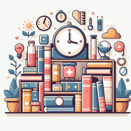 Bookshelf with books, clock, hourglass and icons. Vector illustrationのイラスト素材