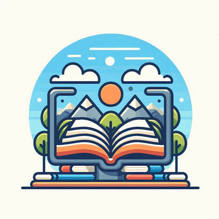 Open book with landscape and mountains. Vector illustration in flat linear styleのイラスト素材