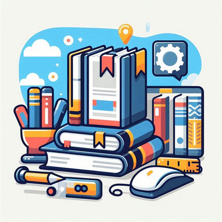 Vector illustration of books and computer mouse in flat style. Education conceptのイラスト素材