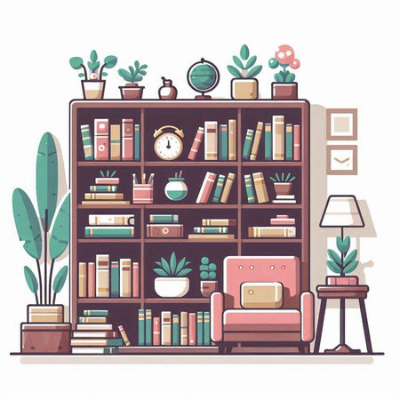 Bookshelf with books and home decorations. Vector illustration in flat styleのイラスト素材