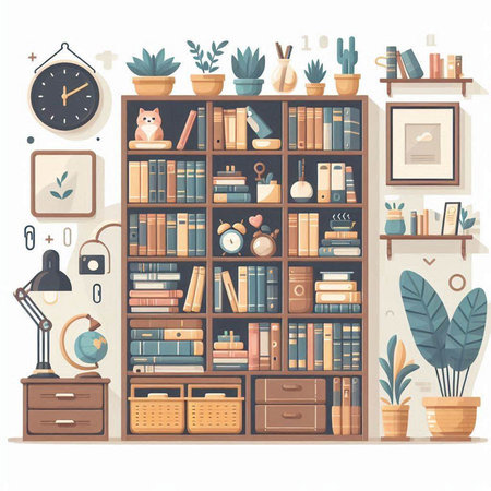 Bookshelf with books, potted plants and accessories. Vector illustrationのイラスト素材