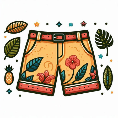 Shorts with tropical leaves and flowers. Hand drawn vector illustration.のイラスト素材