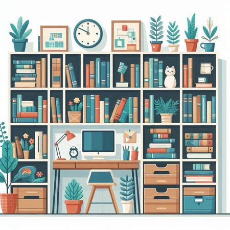 Flat vector illustration of home office interior with bookshelf.のイラスト素材