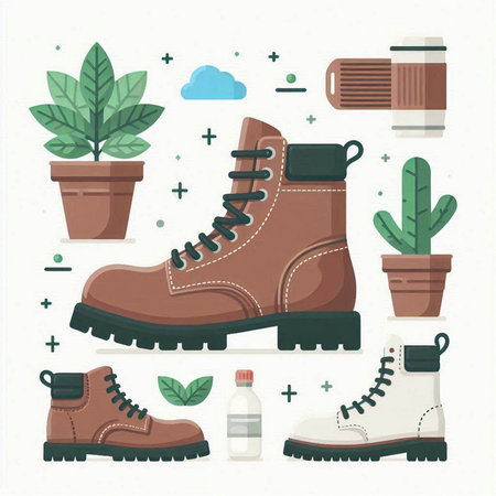 Set of flat design vector icons of hiking boots, trekking boots, water bottle, cactus and plants.のイラスト素材