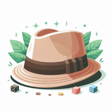Illustration of a hat, dice and leaves on a white backgroundのイラスト素材