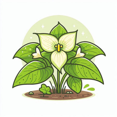 Illustration of a green plant with white flowers on a white backgroundのイラスト素材