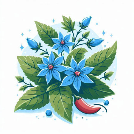 Bouquet of blue flowers and red chili pepper. Vector illustration.のイラスト素材