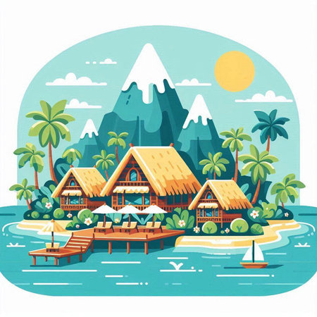 Bungalows on the beach in the tropics. Vector illustrationのイラスト素材