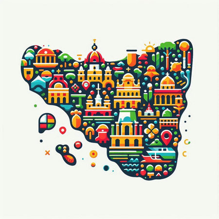 Brazil map made of colorful doodle icons. Vector illustration.のイラスト素材
