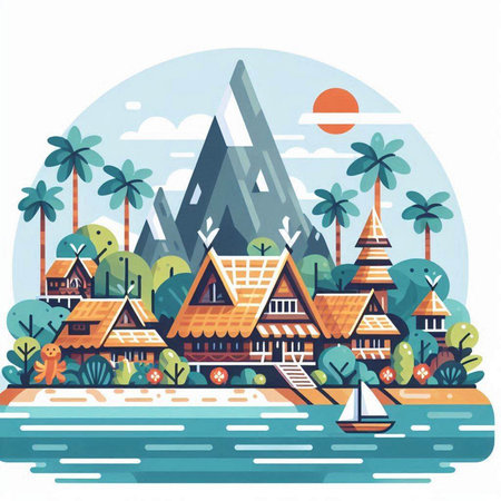 Vector illustration in flat style. Landscape of a tropical island.のイラスト素材