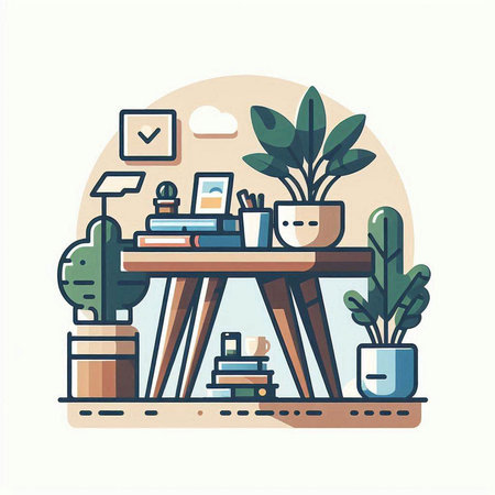 Workplace with computer and plants. Vector illustration in flat style.のイラスト素材
