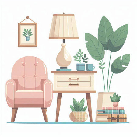 Living room interior with armchair, lamp, bookshelf and plants. Vector illustration.のイラスト素材