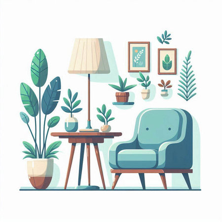 Living room interior with armchair, table and plants. Flat style vector illustration.のイラスト素材