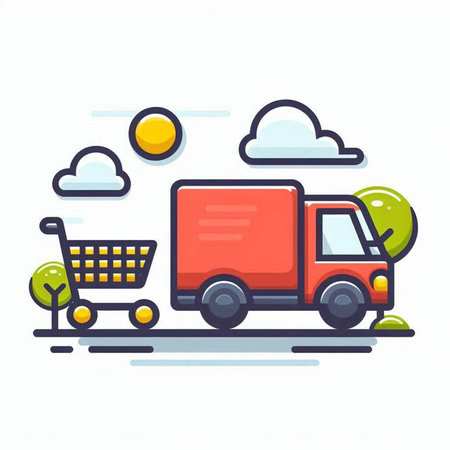 Truck with shopping cart and trees. Online shopping concept. Vector illustration.のイラスト素材