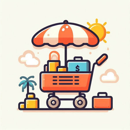 Vector illustration of a trolley with luggage, umbrella and palm trees on a white backgroundのイラスト素材