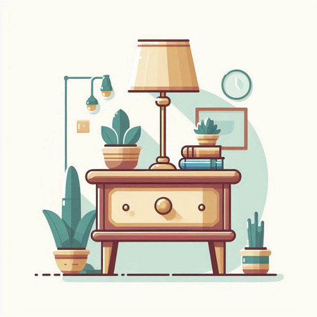 Interior of modern living room with furniture, lamp and plants. Vector illustrationのイラスト素材