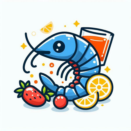 Shrimp cocktail with lemon and strawberry. Vector illustration in doodle style.のイラスト素材