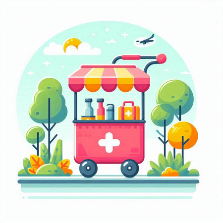 Food truck with food and drinks on the road. Vector illustration.のイラスト素材