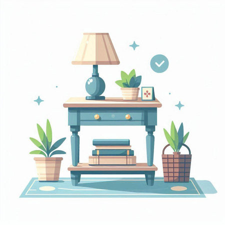 Bedside table with books, lamp and plant. Flat style vector illustration.のイラスト素材