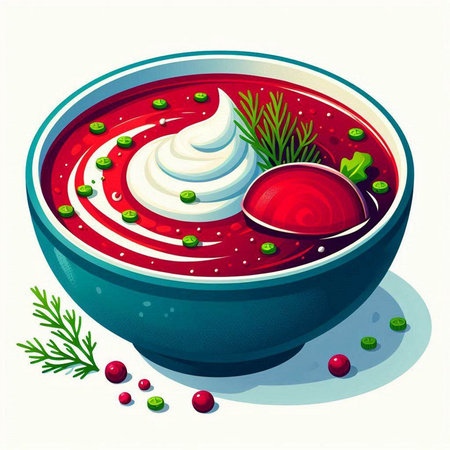 Vector illustration of a bowl of borscht with sour cream.のイラスト素材