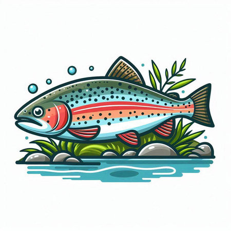 Illustration of a rainbow trout in the water. Vector illustration.のイラスト素材