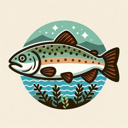 Vector illustration of a rainbow trout on the background of the sea.のイラスト素材