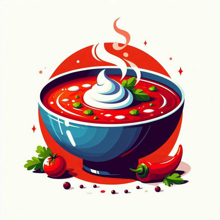 Illustration of a bowl of tomato soup with sour cream and pepperのイラスト素材