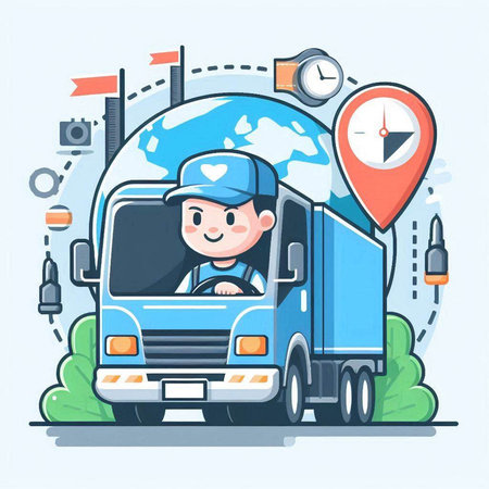 Delivery man with truck and world map. Vector illustration in cartoon styleのイラスト素材