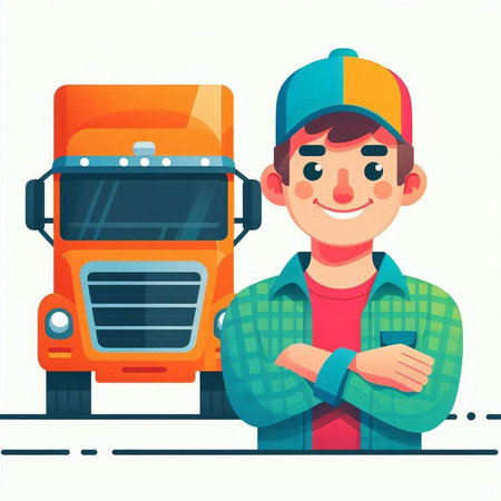 Courier standing near big truck. Vector illustration in flat styleのイラスト素材