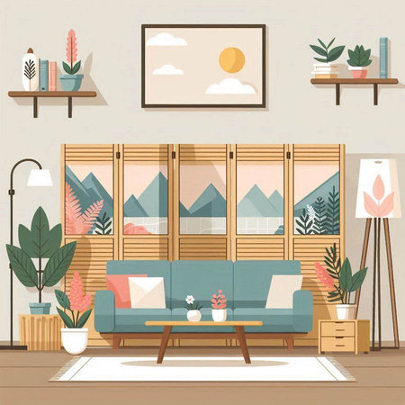 Living room interior with furniture and plants. Vector illustration in flat styleのイラスト素材