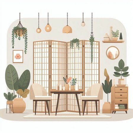 Living room interior with furniture and plants. Vector illustration in flat styleのイラスト素材